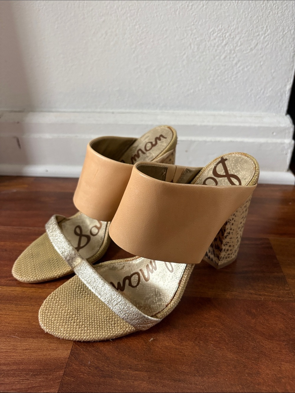 Sam Edelman Tan & Gold Leather Block Heels